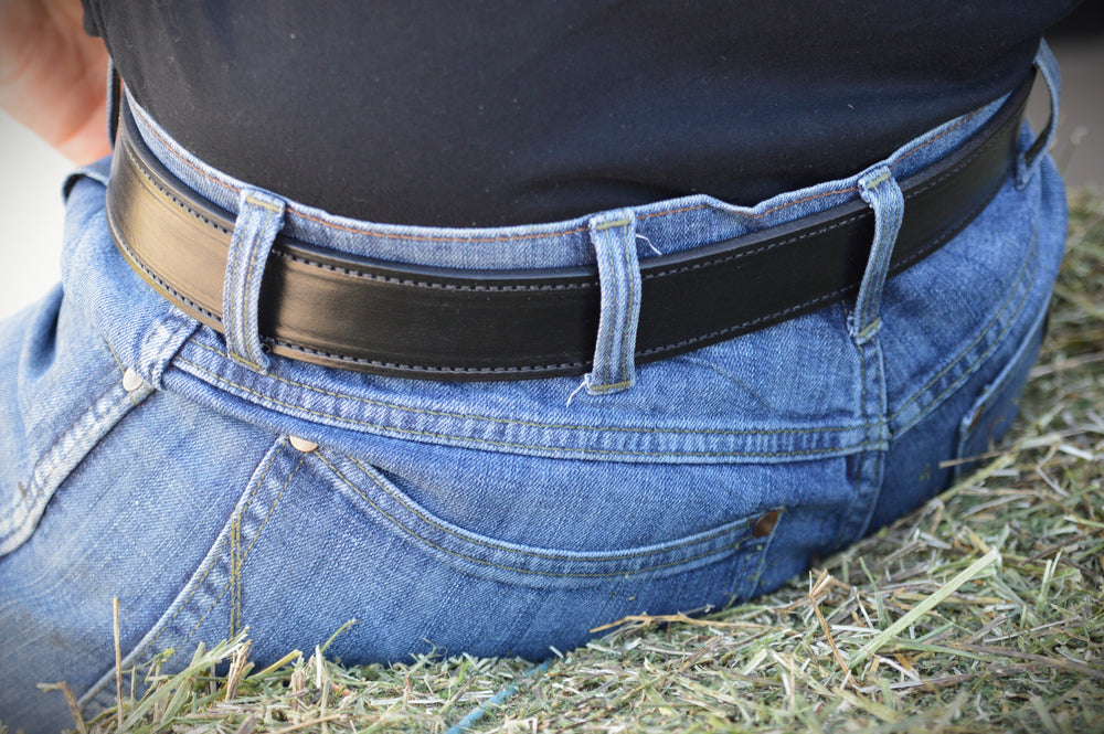 Black Leather Work  Belt - Stitched